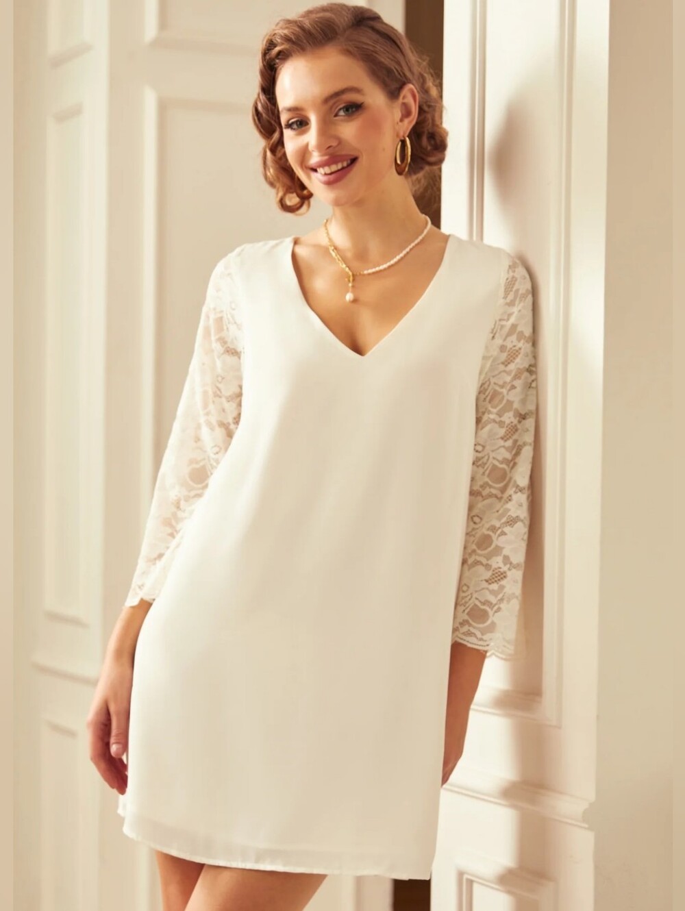 NWT Modcloth Off-White Lace Sleeve Simple Bridal Cocktail Shift Dress